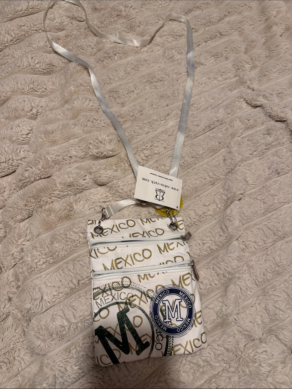 Robin Ruth White Crossbody Pouch with Green and Gold Mexico Print